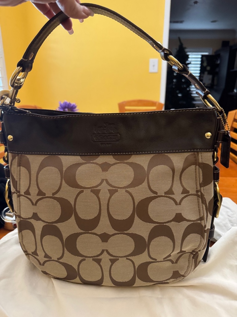 Coach Canvas Shoulder Bag in Beige & Dark Brown 13 in wide & 10 in long. - Picture 16 of 16